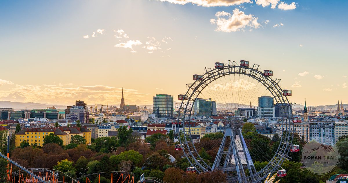 The Vienna skyline with the Prater ferris wheel at sunset, Austria