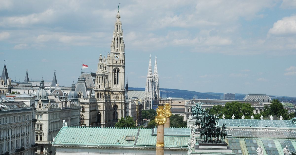 Aerial view of Vienna showing the town hall and Votivkirche, Austria