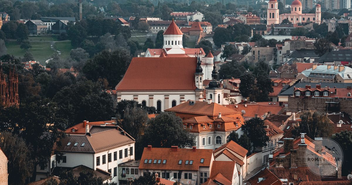 Aerial view of the red roofs and historic architecture of Vilnius old town