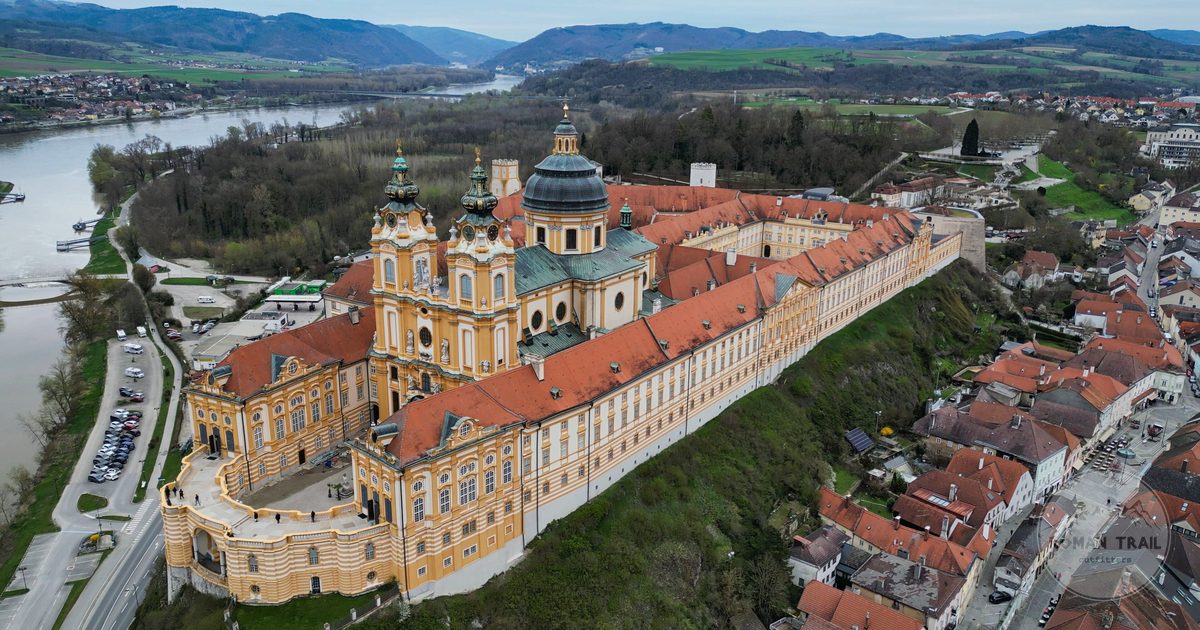 Aerial view of the baroque Melk Abbey above the Danube, Austria