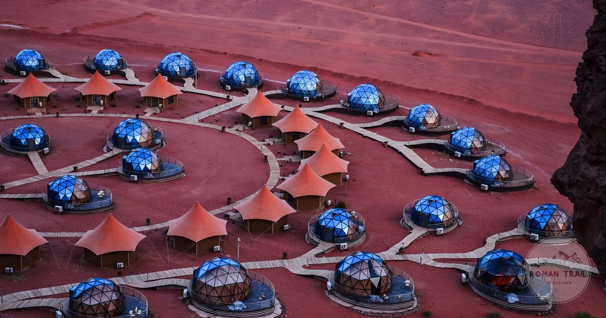 Geodesic dome tents at a desert camp in Wadi Rum, Jordan