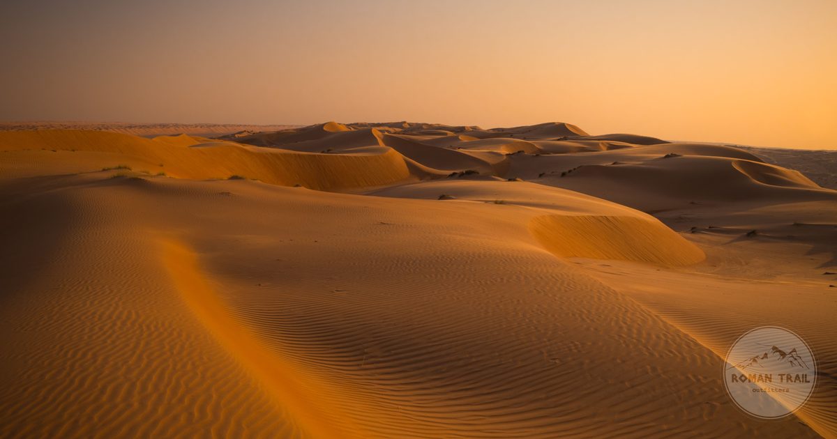 Golden sand dunes at sunset in the Omani desert, Oman