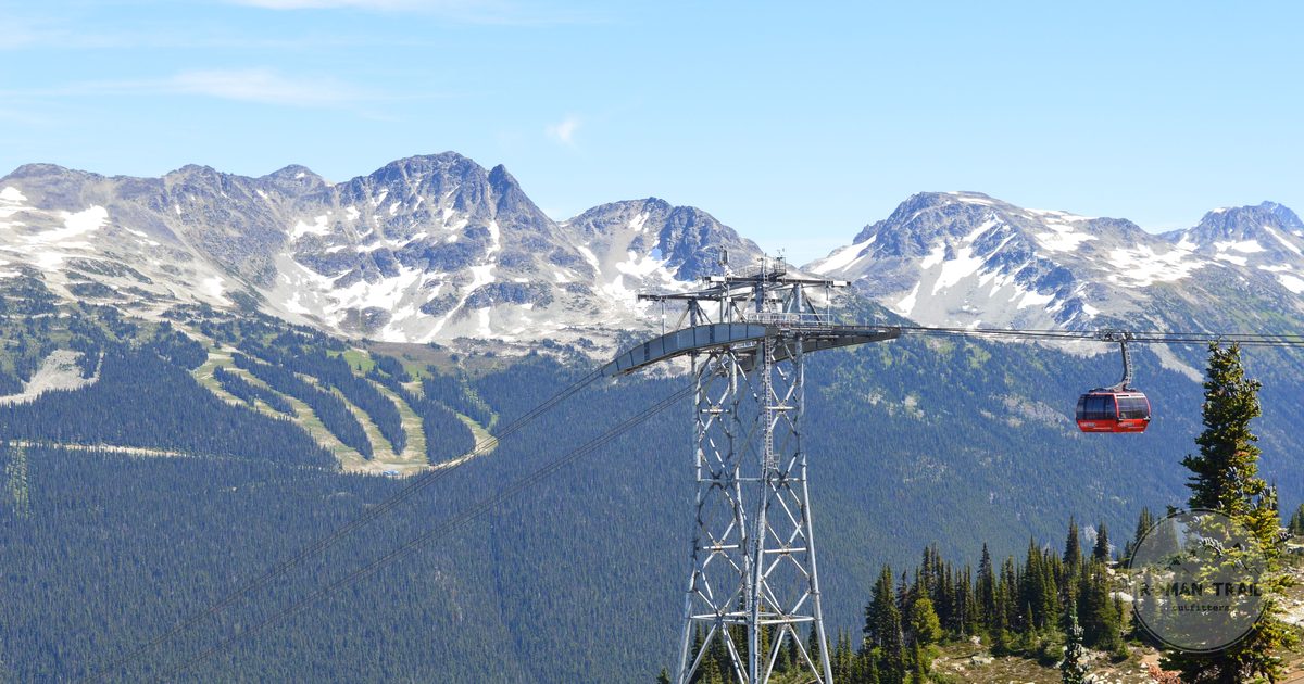 A cable car against snow covered peaks at Whistler, British Columbia