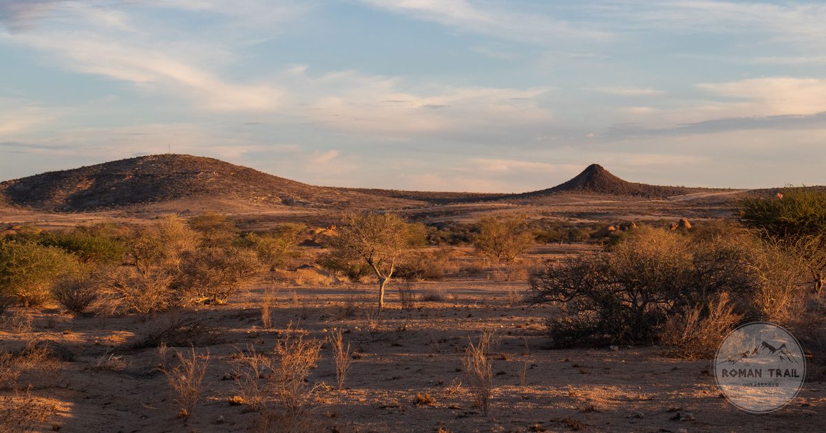 The arid hills of the Erongo landscape in central Namibia under a wide sky