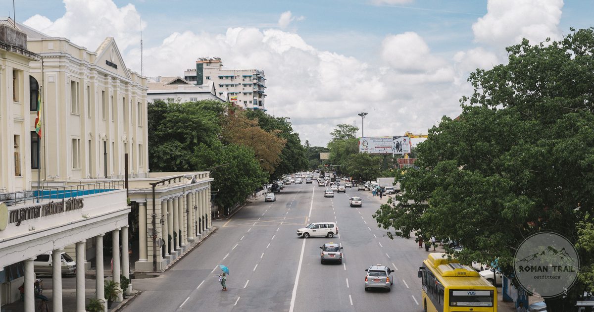 Busy street with colonial architecture in downtown Yangon, Myanmar