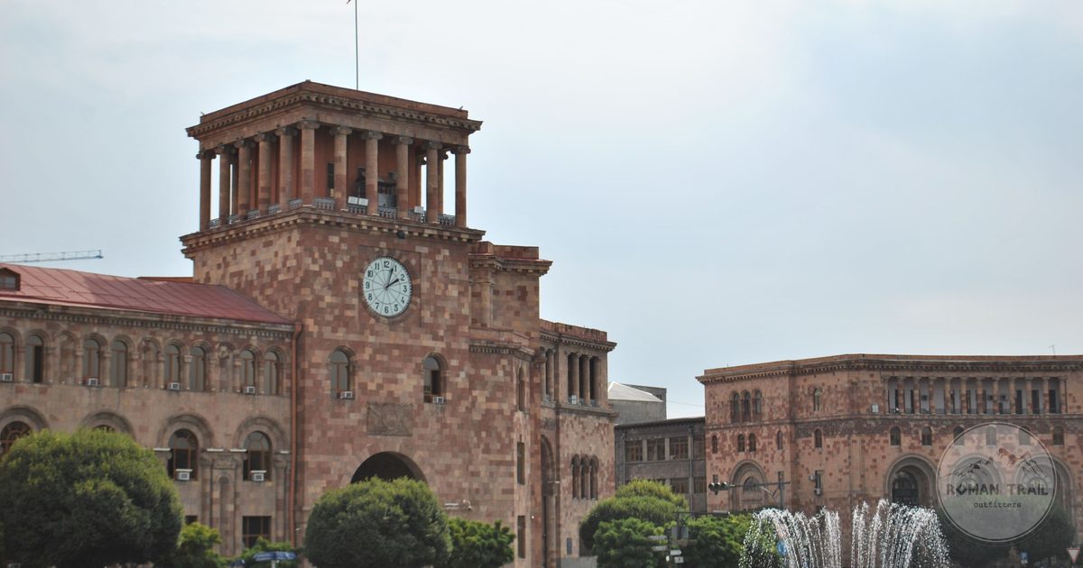 Republic Square in Yerevan, Armenia, with its clock tower and fountain