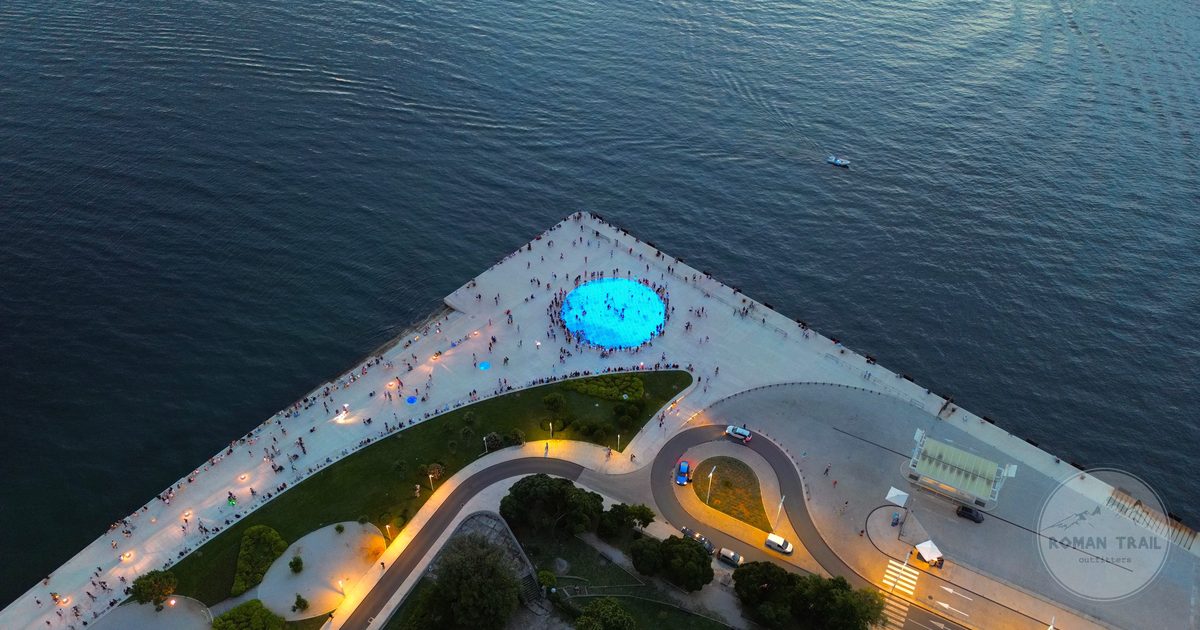The Zadar waterfront at dusk with the Sea Organ promenade, Croatia