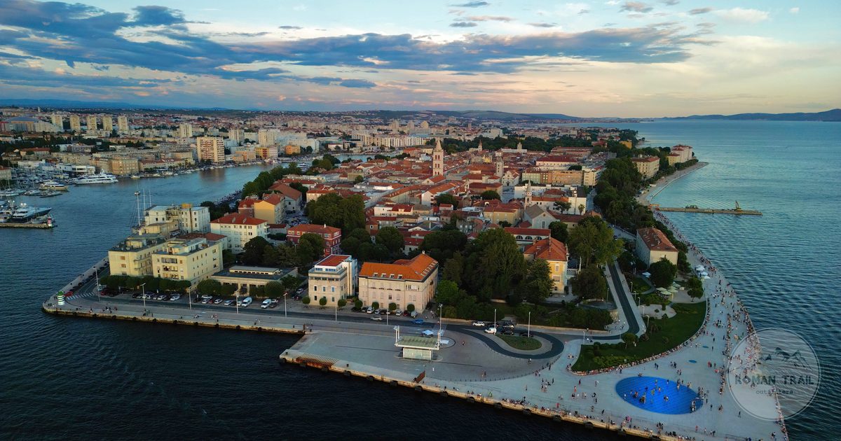 Aerial view of the Zadar peninsula and harbour at sunset, Croatia