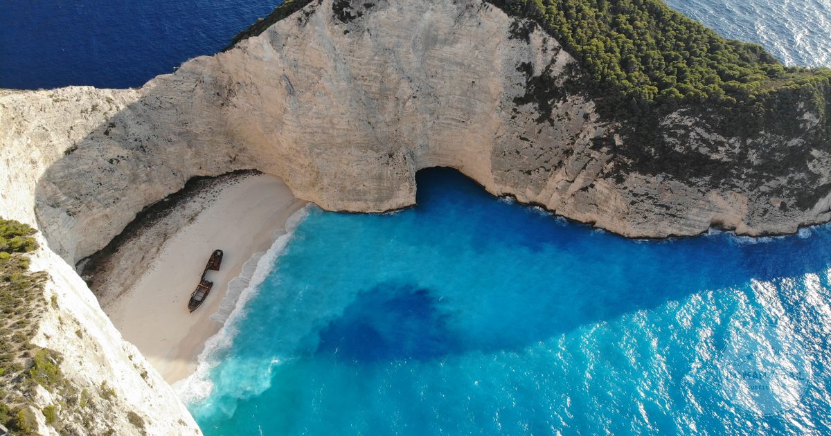 Aerial view of Navagio Beach and its shipwreck on Zakynthos, Greece