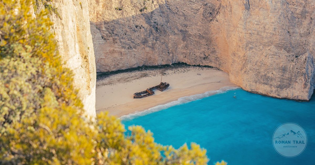 Turquoise water and the shipwreck at Navagio Beach from above, Greece