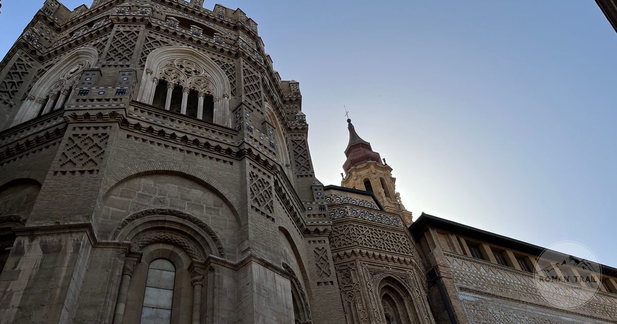 The gothic cathedral facade at sunrise in Zaragoza, Spain