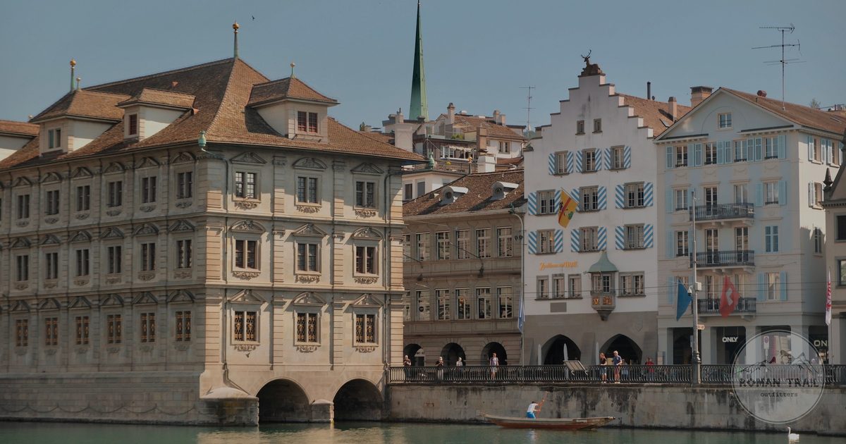 Historic buildings along the Limmat River in Zurich, Switzerland