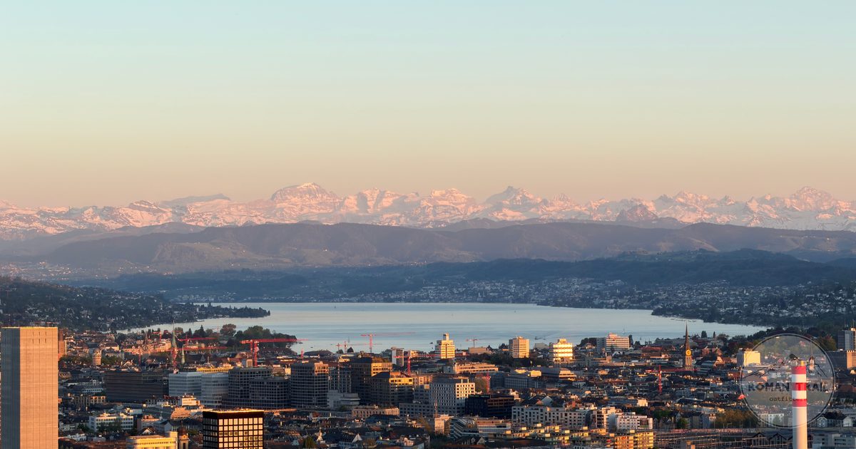 Aerial view of Zurich, Lake Zurich and the Alps, Switzerland