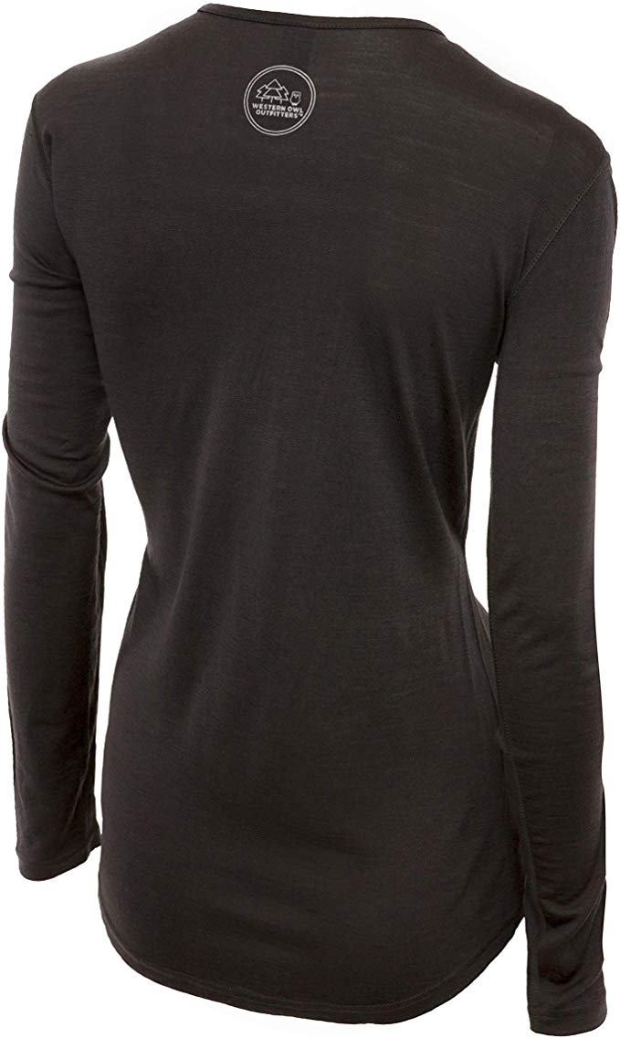 Grey 100% merino wool women's base layer by Roman Trail Outfitters, 17.5 micron superfine sleep top option